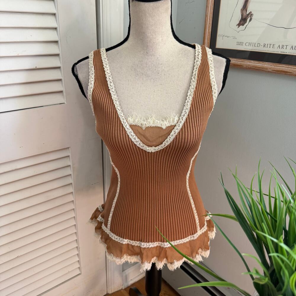 Vintage Tracy M Top Large Brown Silk Blend Ribbed Knit Lace Trim Y2K Coquette